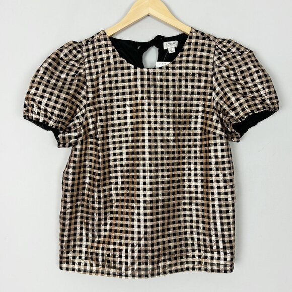 NEW J.Crew Lurex Metallic Threads Puff Sleeve Top Checkered Size Medium Women's - Picture 3 of 6